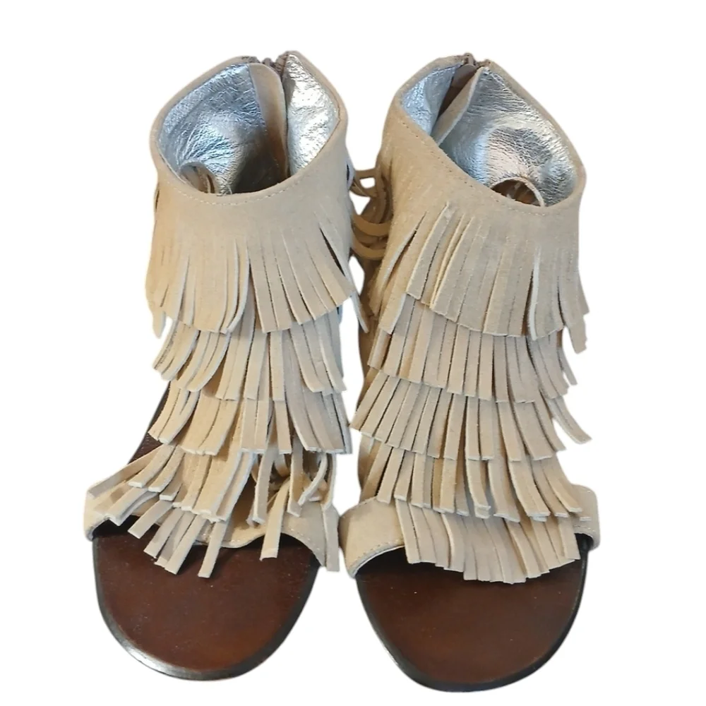 Matiko Tan Fringed Wedge Sandals Suede Open Toe Women's Sandals size 7.5